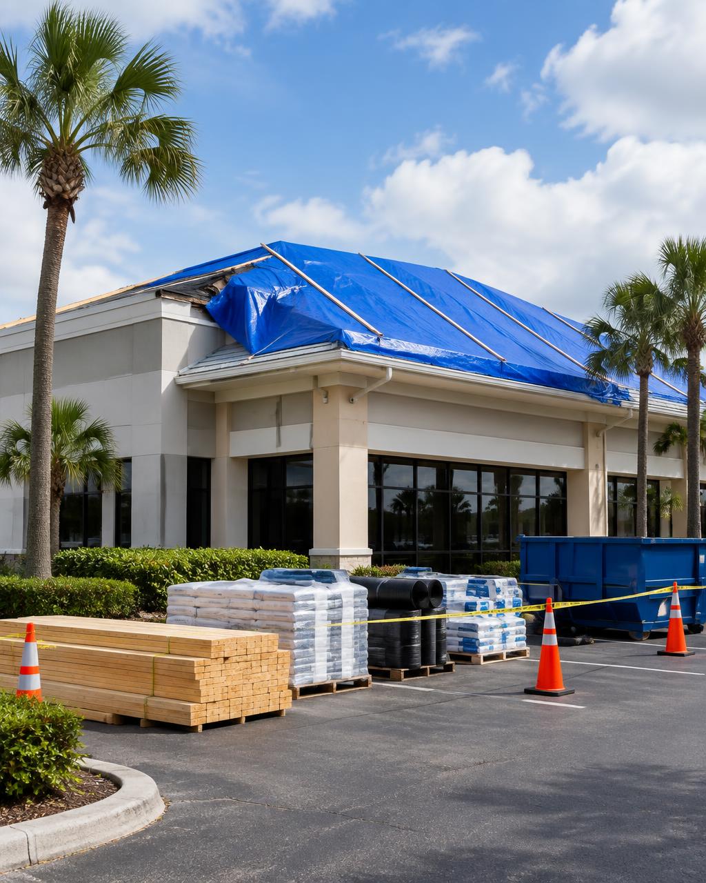 Storm-damaged commercial property stabilized for repair